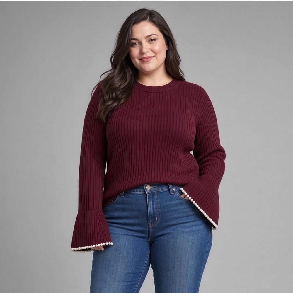 Edited x Hunter McGrady Burgundy Pearl Trim Bell Sleeve Ribbed Sweater XL NWT
